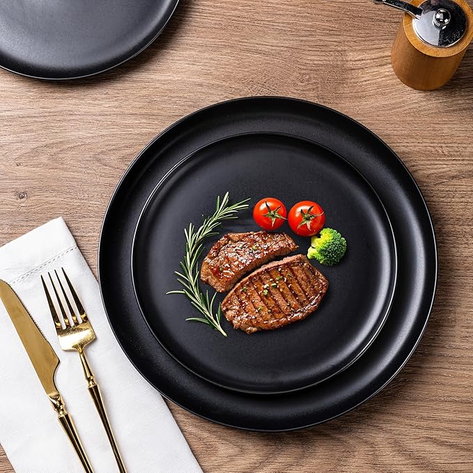 LERATIO Stoneware Dinnerware Sets for 4,Handcarft Ceramic Plates and Bowls Sets,Chip and Scratch Resistant Dishes, Dishwasher & Microwave Safe, Oven safe,Reactive Glaz-Black