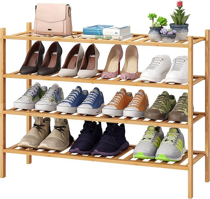 Shoe Rack, 4-Tier Long Shoe Rack for Entryway, Bamboo Wood Shoe Shelf for Closet & Hallway, Long 33IN | Beautiful | Functional | Sturdy | Durable