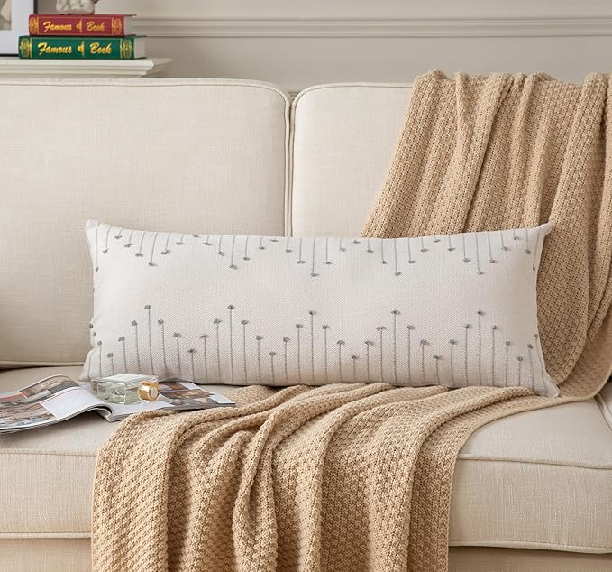 Caflife Boho Lumbar Pillow Cover 14x36 Long Pack of 1 Decorative Pillows Bed, Beige with Grey Body Throw Pillow Covers, for Modern Farmhouse Sofa Bedroom Living Room Home Decor Couch Pillowcase