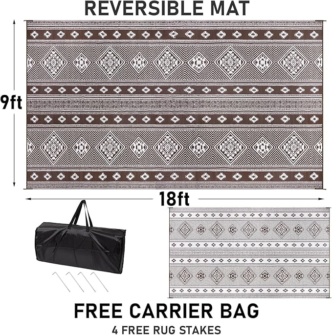 Outdoor Rug 9x18 for Patio Waterproof Patio Rugs Outdoor Mats for Front Porch,Beach Mat,Reversible Plastic Camping Rugs,Camper Rugs for Outside,RV,Deck,Balcony,Backyard,Boho Brown