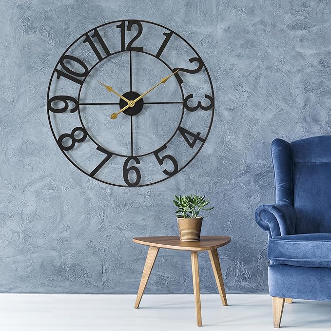 Sorbus 24-Inch Large Wall Clock – Decorative Black Metal Clock with Gold Hands – Silent, Battery Operated, Modern Wall Decor for Living Room, Kitchen, or Office – Great Gift for Housewarming or Office