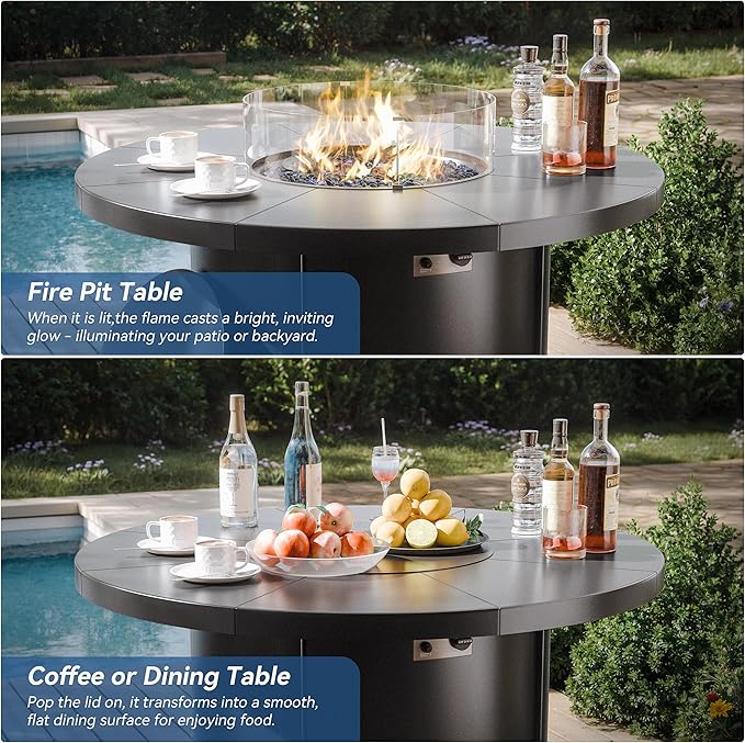 Kurapika 5 Pieces Patio Furniture Set, Rattan Wicker Outdoor Conversation Sets, 4 Woven Rattan Swivel Chairs w/48in Propane Fire Pit Table and Thickened Cushions, Red