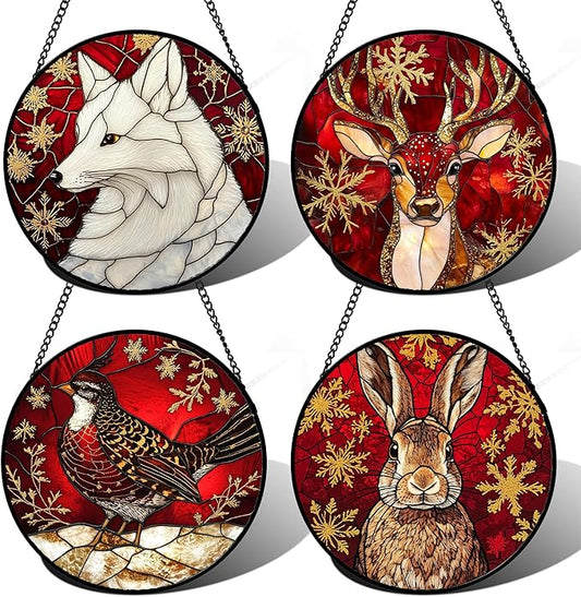 Stained Glass Window Hanging 4 Pcs Set Red Golden Snowflakes 7.8" - Christmas Elk Rabbit Suncatcher Door Garden Sun Catcher Decor Birthday for Mom Woman Nana Men