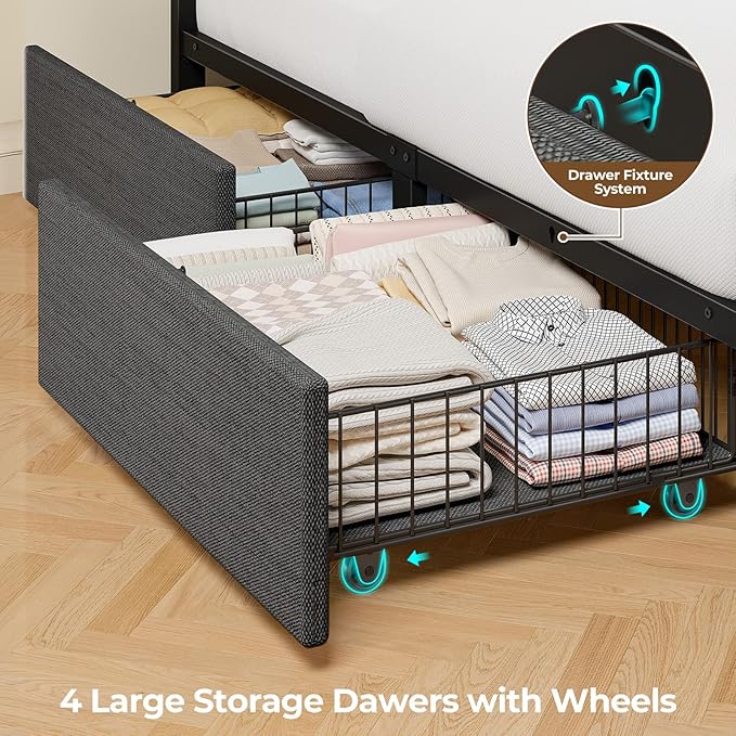 Seventable Twin Bed Frame with 4 Storage Drawers, Charging Station & LED Lights, Upholstered Headboard with 2-Tier Shelves, Metal Platform Bed, No Box Spring Needed, Noise-Free, Grey