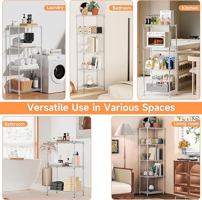 IZEUK 5 Tier Metal Wire Shelf Unit, Chrome Storage Rack Organizer for Kitchen, Bedroom, Living Room or Laundry Room, 17.7" W x 11.8" D x 55.0" H