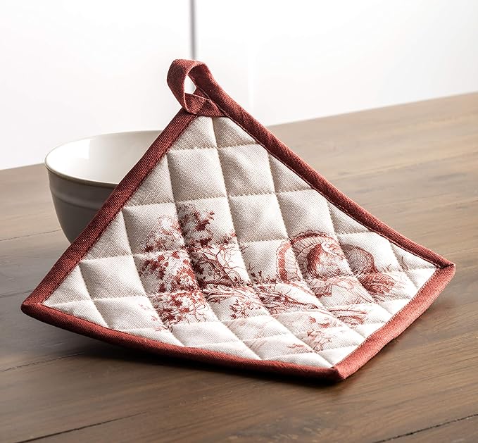 Maison d' Hermine 100% Cotton Oven Mitt & Pot Holder Set (7.5"x13" & 8"x8") Heat Resistant BBQ Cooking Gloves with Loop for Thanksgiving Christmas Decorations Handling Hot Pans (Holy Jouy - Red)