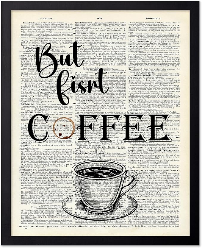 Poster Master Dictionary Art Poster - But First Coffee Print - Cafe Art - Gift for Men, Women, Coffee Lovers & Barista - Funny Decor for Kitchen, Restaurant or Dining Room, 8x10 Black Framed