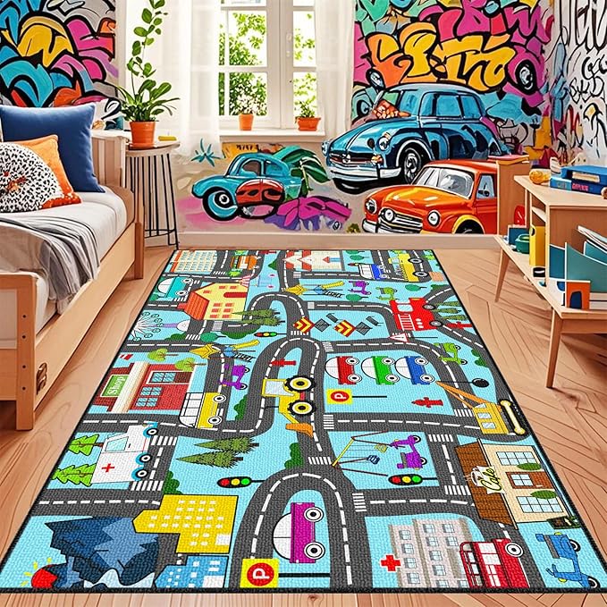 Car Track Rug - Car Rugs for Kids Toy Cars City Life Road Rug for Large Kids Play Mat for Boys Girls Playroom Living Room Bedroom Classroom, 5'×7'
