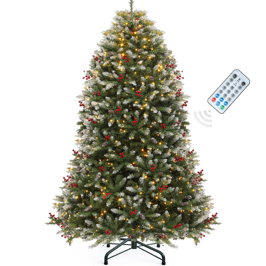 YITAHOME 6FT Prelit Frosted Green Artificial Christmas Tree with Remote, Pre-Decorated Christmas Tree w/ 1838 Tips, 80 Pine Cones & 80 Berries, 450 Warmwhite & Multi-Color Lights, 11 Modes, Green Bell