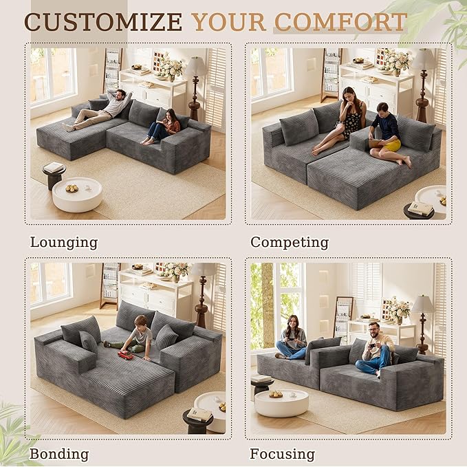 YESHOMY Sectional Couch, 108" Boneless Couches for Living Room, Modular Sectional Sofa with Deep Seat, Cloud Comfy Couch with L-Shape Chaise, No Assembly Required (Corduroy, Gray)