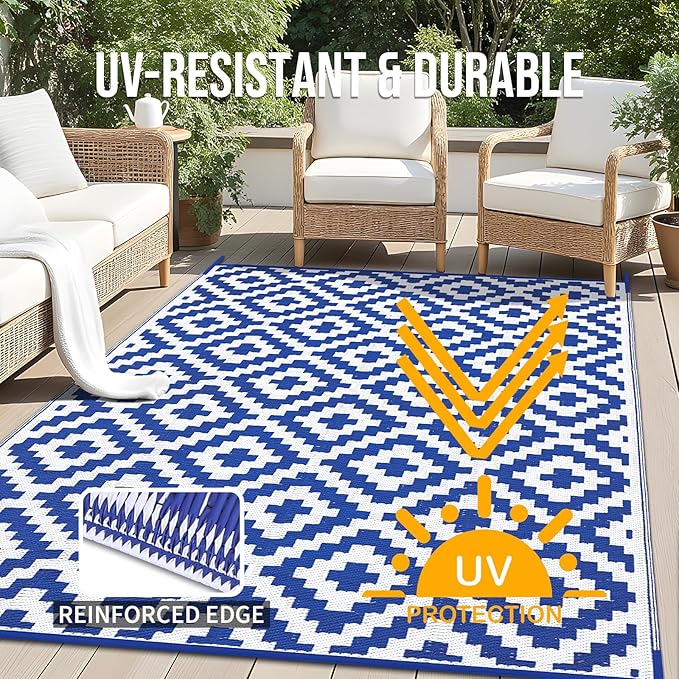 OLANLY Waterproof Outdoor Rug 10x14 ft, Outdoor Plastic Straw Rug for Camping, RV Mat Outside, Outdoor Carpet for Porch, Deck, Backyard, Balcony, Picnic, Blue & White