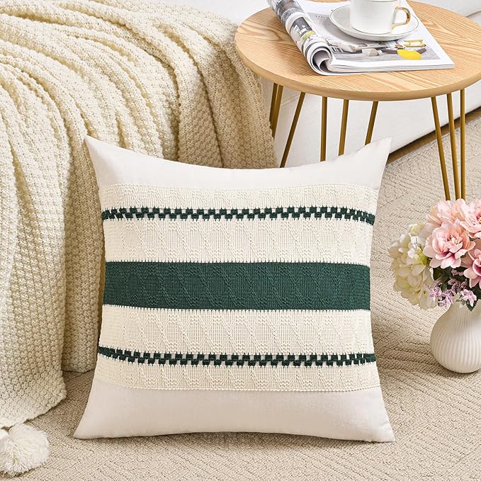 Fancy Homi Set of 2 Dark Green Boho Decorative Throw Pillow Covers 20x20 Inch for Couch Bed Sofa Bedroom Indoors, Modern Farmhouse Vintage Forest Green Living Room Decor