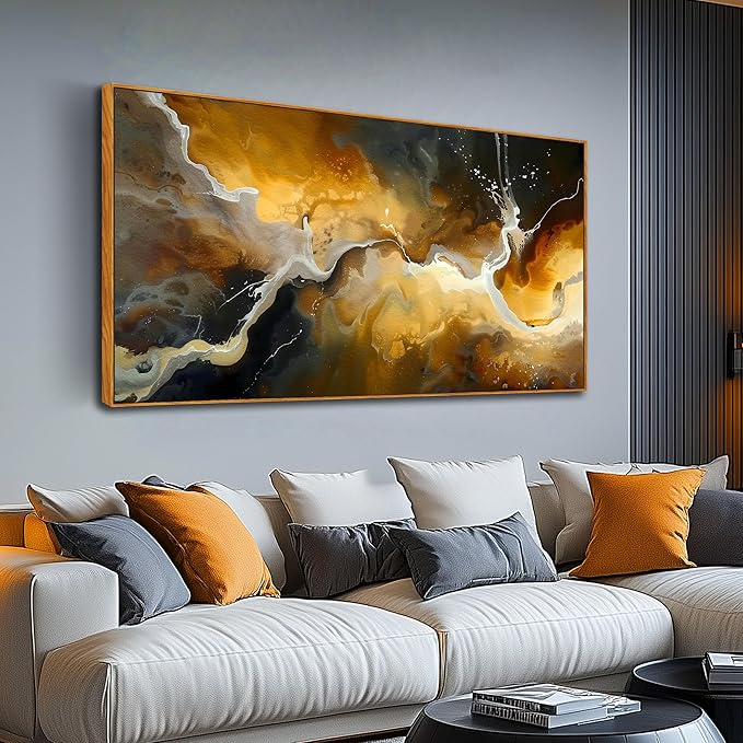 Abstract Wall Art for Living Room, Marble Canvas Wall Decor for Bedroom, Black and Gold Picture Print Artwork for Office, Large Size 59 x 29 Inches Framed