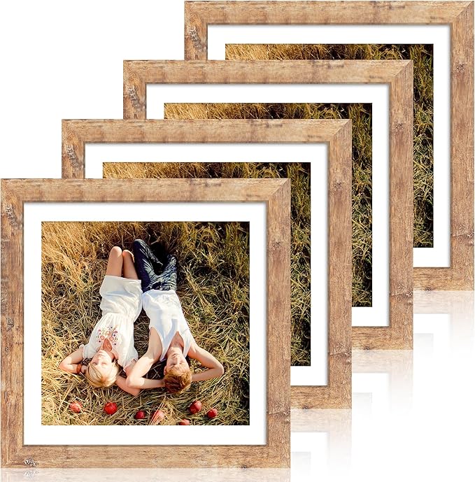 12x12 Picture Frame Set of 4 with Tempered Glass, Rustic Brown Frame Display 10x10 Pictures with Mat or 12 x 12 Without Mat, Wood Square Photo Frames for Desktop Display and Wall Mounting