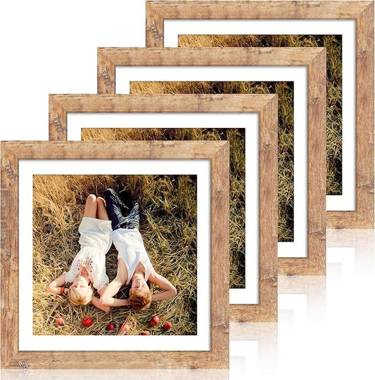 12x12 Picture Frame Set of 4 with Tempered Glass, Rustic Brown Frame Display 10x10 Pictures with Mat or 12 x 12 Without Mat, Wood Square Photo Frames for Desktop Display and Wall Mounting