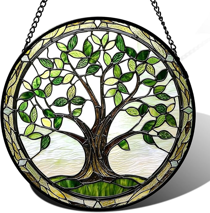 Stained Glass Window Hanging - Brown Tree Trunk Green Leaves Sun Catcher for Door Garden Home Decor Plant Suncatcher Christmas Mother's Day Birthday Gifts for Women Men Mom Nana 6.3 in