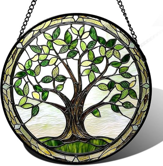 Stained Glass Window Hanging - Brown Tree Trunk Green Leaves Sun Catcher for Door Garden Home Decor Plant Suncatcher Christmas Mother's Day Birthday Gifts for Women Men Mom Nana 11.8 in