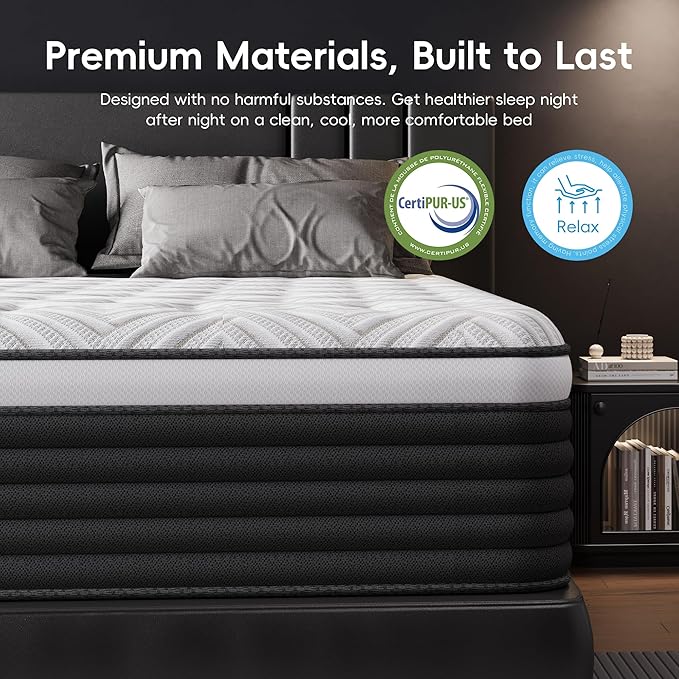 COOLMI Queen Mattress, 14 Inch Hybrid Memory Foam Mattress in a Box, Pressure Relief for Back Support, Medium Firm, Individually Pocket Springs, 100-Night Trial & CertiPUR-US Certified, Queen Size