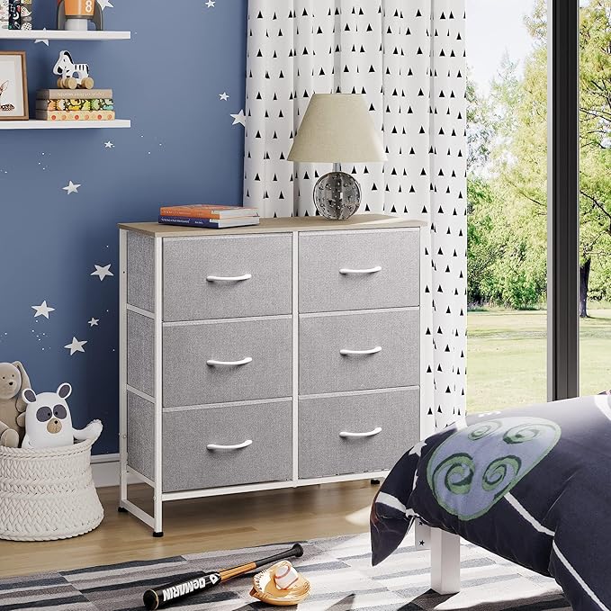 WLIVE Fabric Dresser for Bedroom, 6 Drawer Double Dresser, Storage Tower with Fabric Bins, Chest of Drawers for Closet, Living Room, Hallway, Light Grey