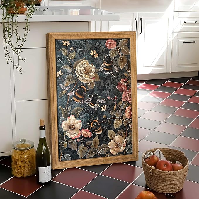AKWISH Framed 3D Textured Vintage Wall Art - Dark Academia Bumble Bee Hand Drawn Sandstone Paintings with Botanical Florals, Aesthetic Wall Decor for Living Room Bedroom Home 12x16 inch