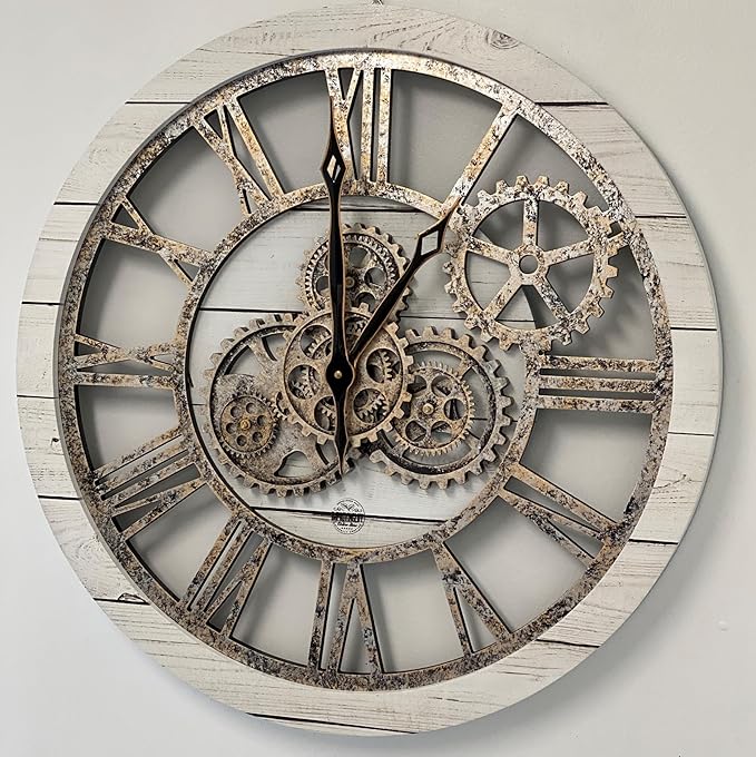 The Gears Clock The Original Real Moving Gear Wall Clock Vintage Industrial Oversized Rustic Farmhouse (24 inch (60cm),White Farmhouse)