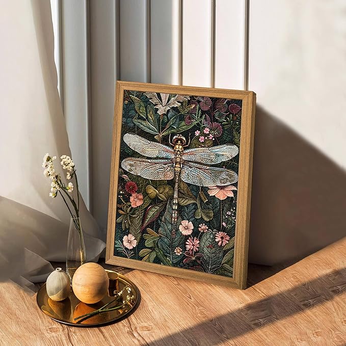 Framed Vintage 3D Textured Wall Art - Dark Green Dragonfly Flowers Wall Decor - Hand Drawn Sandstone Nature Botanical Pictures for Living Room Bedroom Home Decor 8x10in