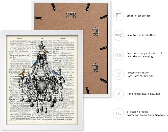 Poster Master Dictionary Art Poster - Antique Chandelier Print - Bird Art - Baroque Art - Gift for Men & Women - Chic Decor for Living Room, Dining Room, Bedroom or Kitchen, 16x20 White Framed