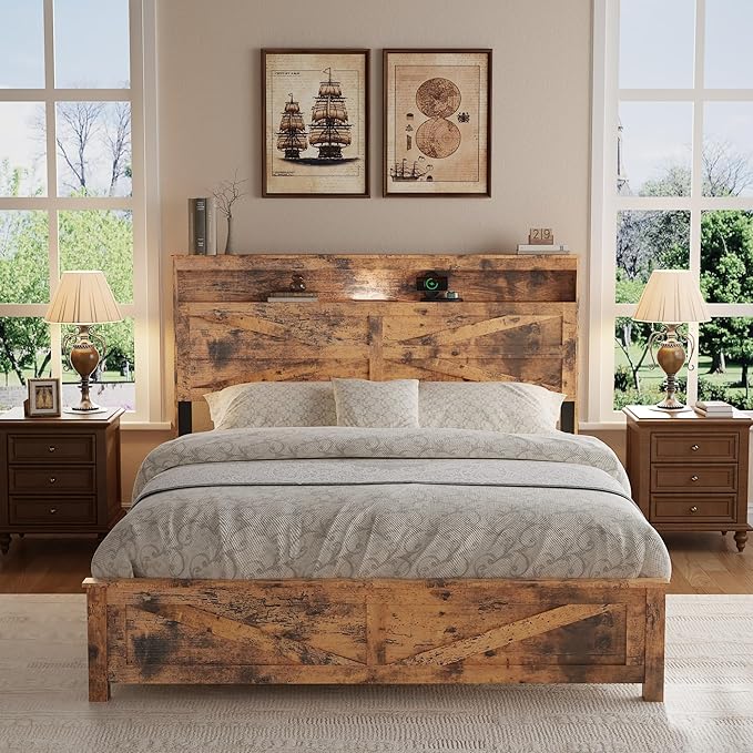 Farmhouse Wooden Bed Frame Queen Size with Storage Headboard, Boho Platform Bedframe with LED Lights and Charging Station, Metal Slats Support, No Box Spring Needed, Brown