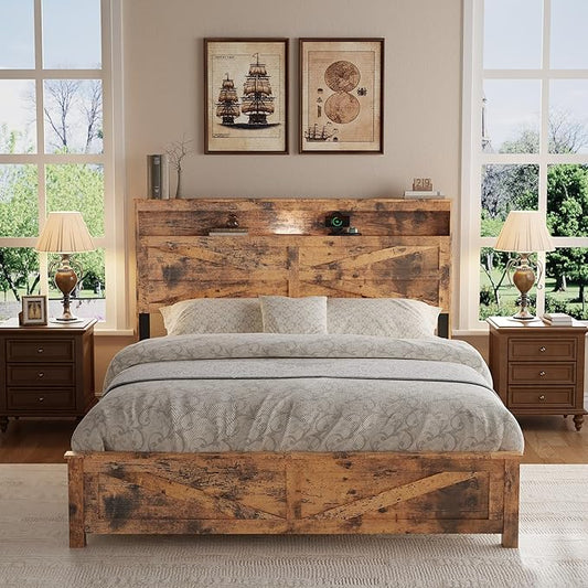 Farmhouse Wooden Bed Frame Queen Size with Storage Headboard, Boho Platform Bedframe with LED Lights and Charging Station, Metal Slats Support, No Box Spring Needed, Brown