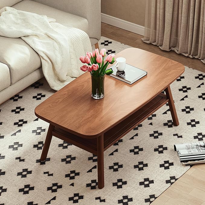 2-Tier Solid Oak Wood Coffee Table - Practical Center Table with Double Storage for Small Apartments, Living Rooms, Bedrooms, and Offices (Walnut, 31.49" D x 19.68" W x 17.32" H)