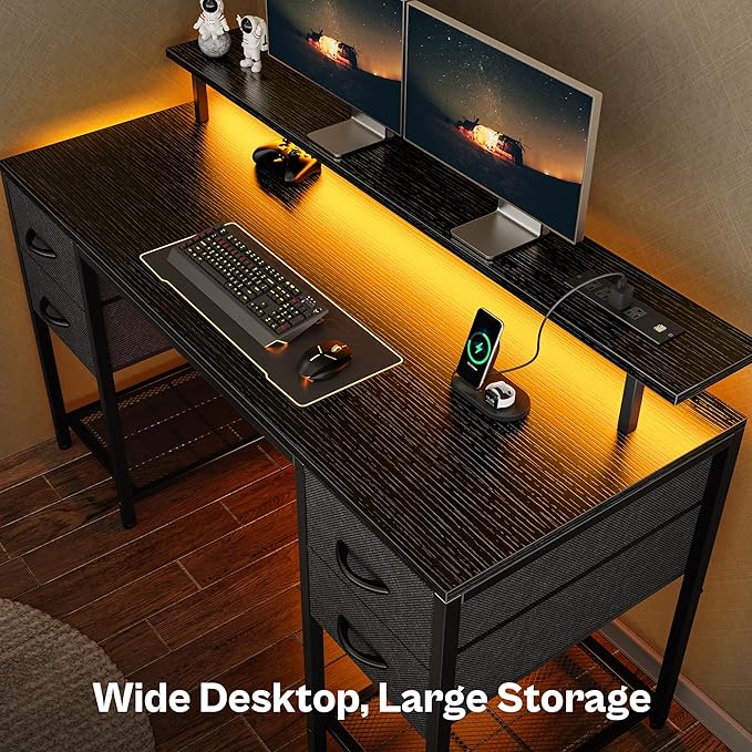 Huuger 55 inch Computer Desk with 4 Drawers, Gaming Desk with LED Lights & Power Outlets, Home Office Desk with Large Storage Space for Bedroom, Work from Home, Black