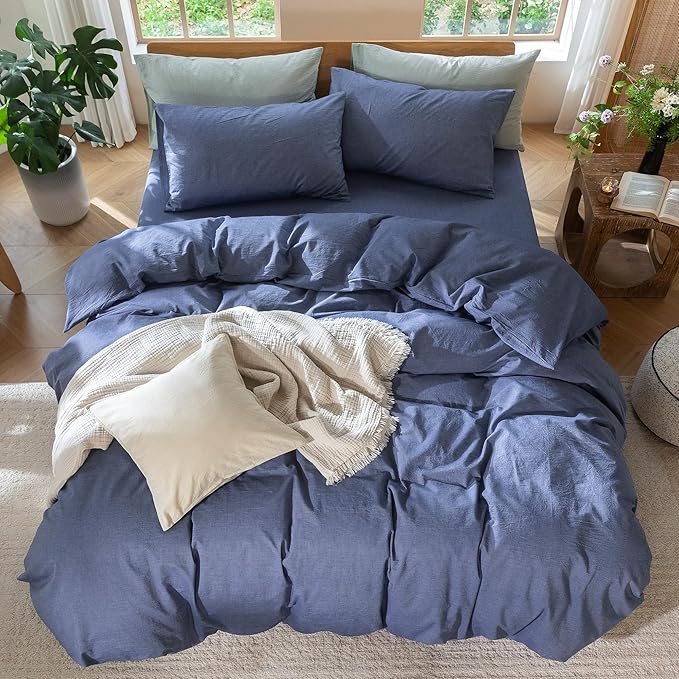 MooMee Bedding Duvet Cover Set 100% Washed Cotton Linen Like Textured Breathable Durable Soft Comfy (Heathered Blue, Queen 90"x90")