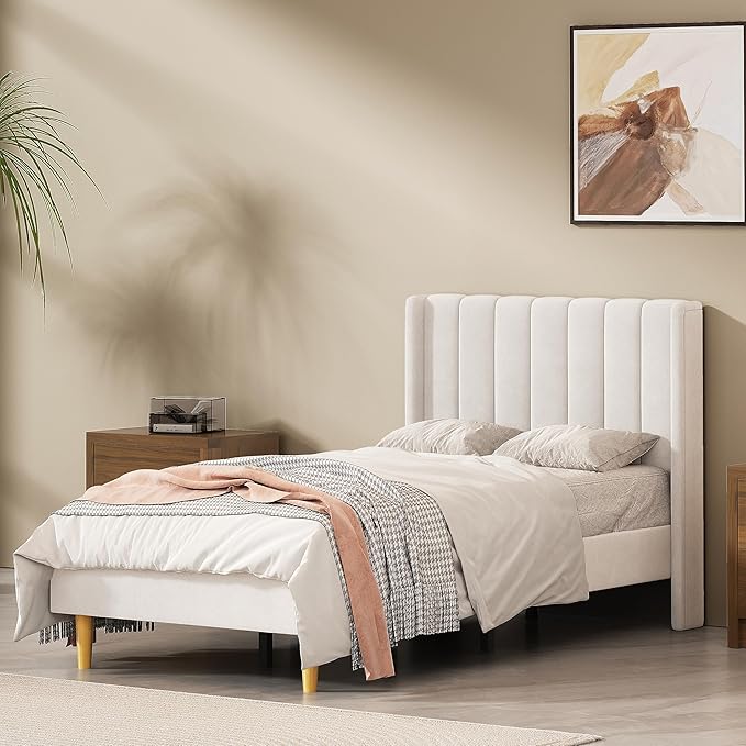 Twin Size Upholstered Platform Bed Frame with Modern Wingback & Vertical Panel Headboard, Velvet Fabric, Wooden Legs & Slats Support, No Box Spring Needed, Noise-Free & Easy Assembly, Cream