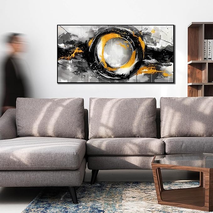 SIXTTART Abstract Circle Wall Art for Living Room - Black White and Gold Modern Canvas Wall Art for Office - Modern Framed Wall Art for Bedroom Size 20" x 40"