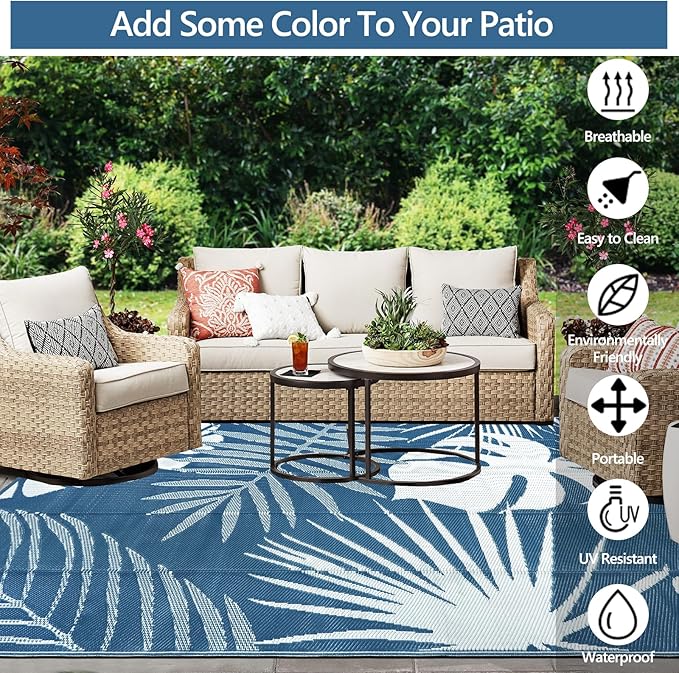 Waterproof Outdoor Rug 6x9 ft, Reversible Plastic Straw Mat with Leaf Pattern, Large Floor Mat for Patio, Camping, Picnic, Backyard RV, Deck, Blue