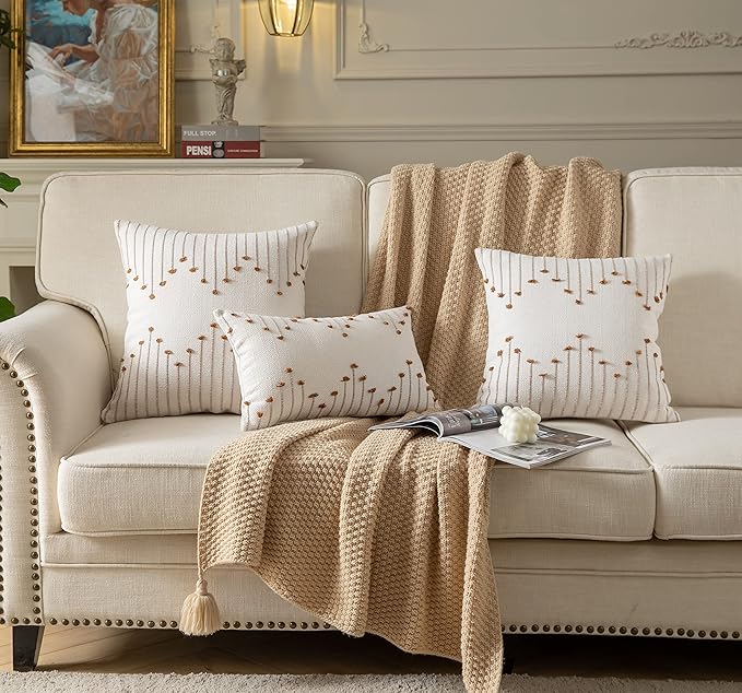 Caflife Boho Throw Pillow Covers 18x18 Set of 2 Decorative Pillows for Bed, Neutral Pillow Covers Beige with Brown Line Throw Pillows for Modern Farmhouse Couch Sofa Living Room Outdoor