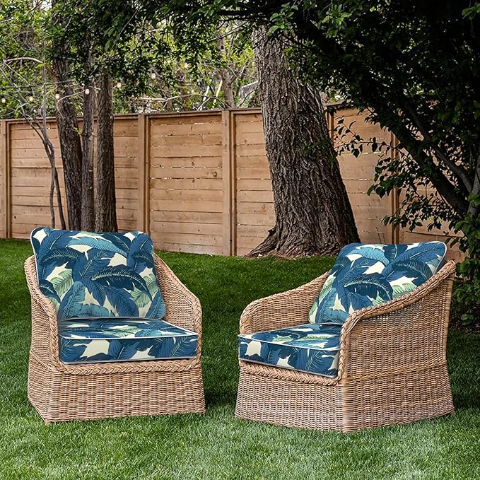 Outdoor Deep Seat Cushions Set 24 x 24 Inch for Patio Furniture,Water Resistant Chair Cushions Replacement Includes Seat Cushion & Back Pillow for Couch Sofa, Wicker Chair - Swaying Palms Blue