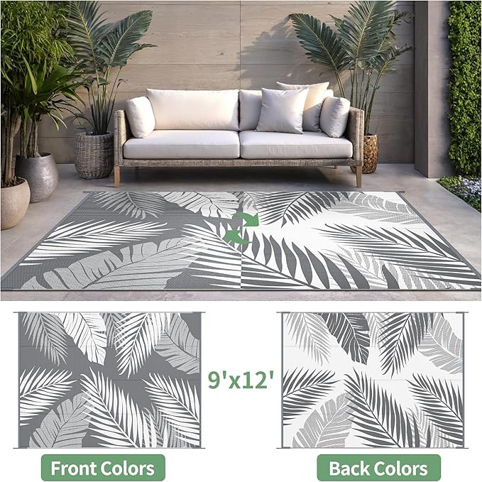 Outdoor Rug 9’x12’ Waterproof for Patio Clearance, Reversible Indoor Outdoor Plastic Straw Camping Rug Carpet, RV Mat, Large Area Rug for Deck, Backyard, Balcony, Porch, Beach, Grey & White