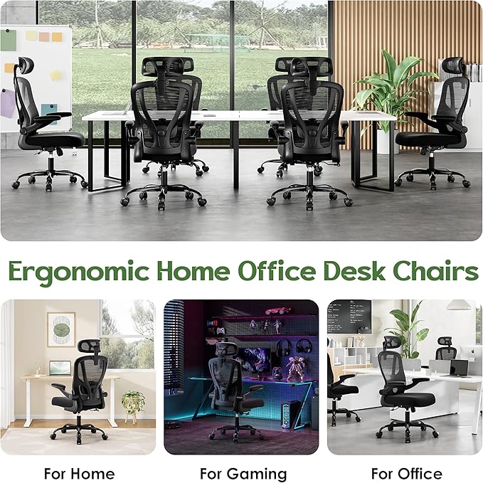 Office Chair Ergonomic Desk Chair - Mesh High Back Office Chair with Headrests Wheels Lumbar Support Home Desk Office Chairs Flip up Armrest Executive Rolling Swivel Task Computer Chair Black