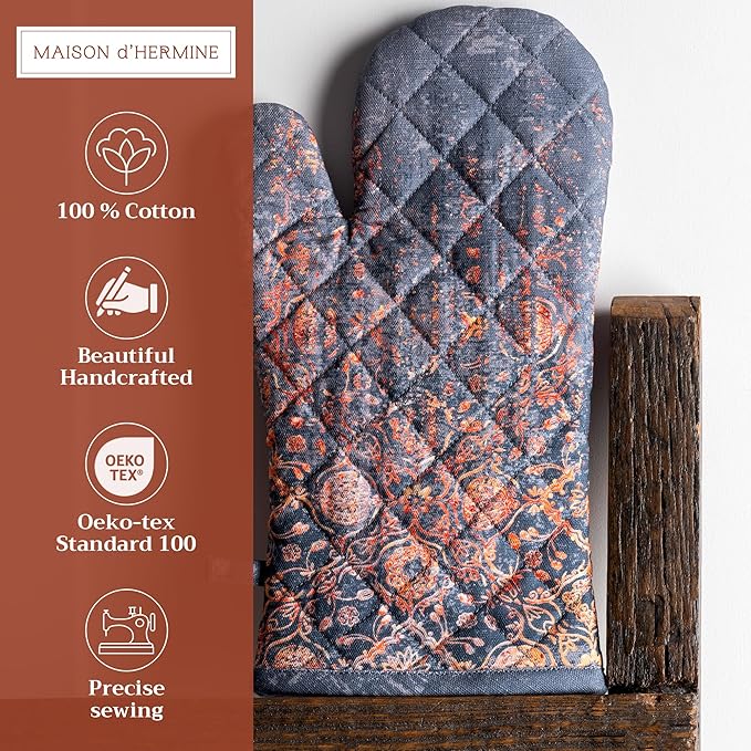 Maison d' Hermine Oven Gloves 100% Cotton Oven Mitt 7" x 13" with Loop Heat Resistant BBQ Cooking Gloves for Thanksgiving Christmas Decorations Baking Handling Hot Pans (Pack of 1, Imperfection)