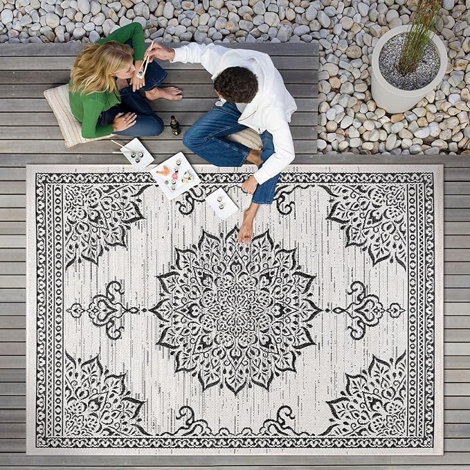 CAMILSON Outdoor Rug, 5x7 Medallion White Black Modern Area Rugs for Indoor and Outdoor Patios, Kitchen and Hallway Mats, Washable Porch Deck Outside Carpet (Medallion White, 5 x 7)