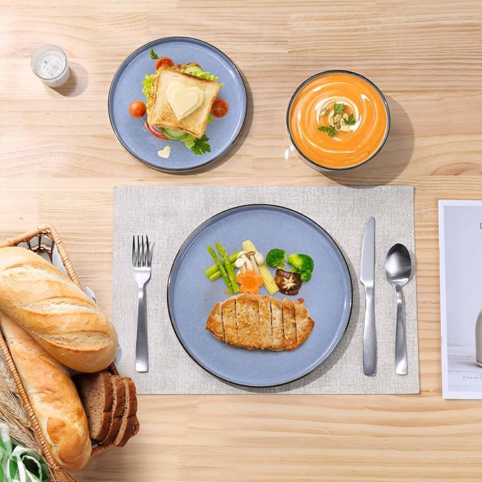 Herogo 12-Piece Stoneware Dinnerware Set for 4, Dinner Plates and Bowls Sets, Double Reactive Glaze Dishware Place Setting for Kitchen, Scratch Resistant, Microwave Safe, Haze Blue