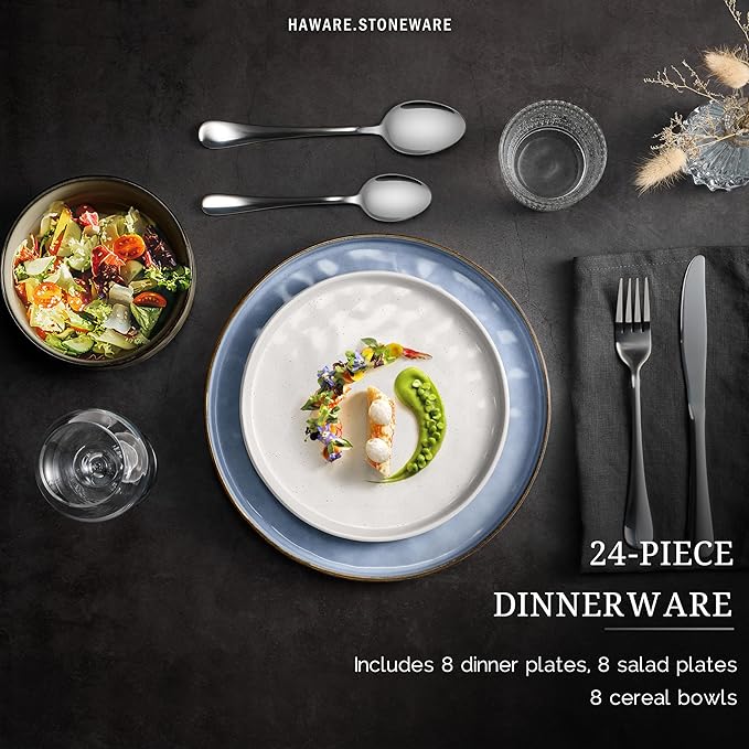 HaWare Dinnerware Sets, 24-Piece Plates and Bowls Set, Stoneware Dish Set for 8, Ceramic Dinnerware for Home Restaurant, Chip and Scratch Resistant, Microwave and Dishwasher Safe, Multicolor