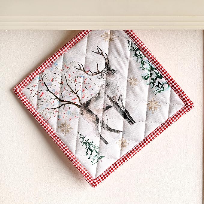 Maison d' Hermine Pot Holders 100% Cotton Heat Resistant Potholders 8" x 8" Hot Pads with Loop for Thanksgiving Christmas Decorations BBQ Cooking Baking Handling Hot Pans (Pack of 1, Rural Christmas)