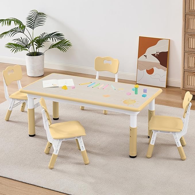 Adjustable Kids Table Chairs Set – Graffiti Desktop, Multi-Activity Height-Adjustable Toddler Study Desk for Ages 3-8 – Ideal for Home, Classroom, Daycare (W-Brown, 4 Chairs-47.2" L x 23.6" W)