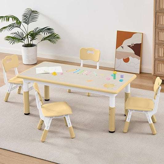 Adjustable Kids Table Chairs Set – Graffiti Desktop, Multi-Activity Height-Adjustable Toddler Study Desk for Ages 3-8 – Ideal for Home, Classroom, Daycare (W-Brown, 4 Chairs-47.2" L x 23.6" W)