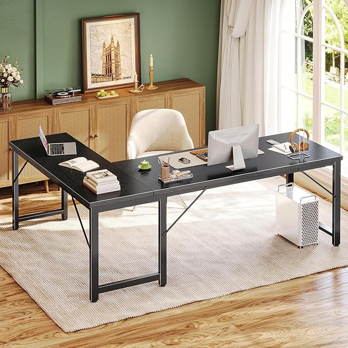 Huuger 63 Inch L Shaped Desk with 0.95 Inch Thicker Desktop, Reversible Computer, Larger Corner Office Gaming Desk, Robust Metal Frame, for Home Office, Study, Black