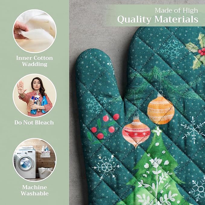 Maison d' Hermine Oven Gloves 100% Cotton Oven Mitt 7" x 13" with Loop Heat Resistant BBQ Cooking Gloves for Thanksgiving Christmas Decorations Baking Handling Hot Pans (Pack of 1, Hygge Christmas)
