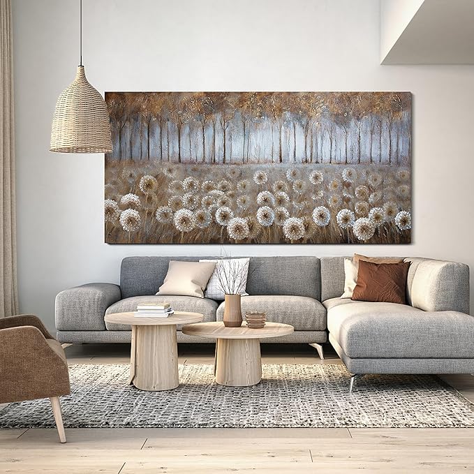 Large Living Room Wall Decor Brown Dandelion Canvas Wall Art Abstract Tree Forest Theme Picture Wall Decoration Modern Framed Prints Artwork Ready to Hang for Bedroom Home Wall Decor Size 29x58 inch