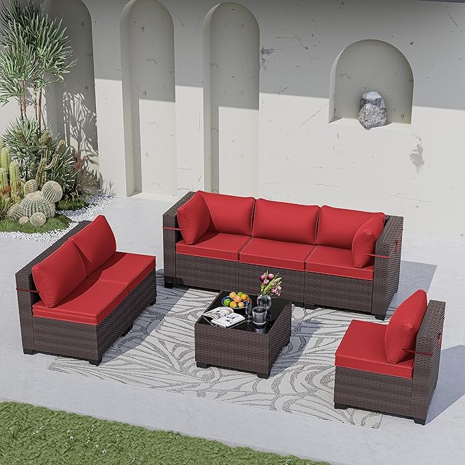Kurapika 7 Pieces Patio Furniture Set, Rattan Wicker Outdoor Conversation Sets w/4 Inch Cushion and Glass Coffee Table(Red)